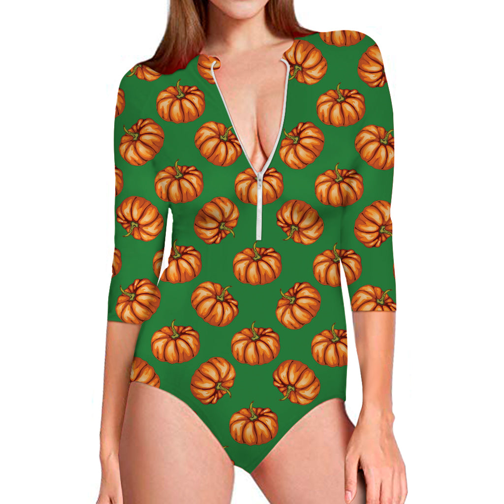 Green Pumpkin Pattern Print Long Sleeve Swimsuit