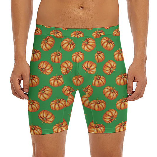 Green Pumpkin Pattern Print Men's Long Boxer Briefs