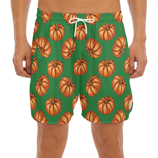 Green Pumpkin Pattern Print Men's Split Running Shorts