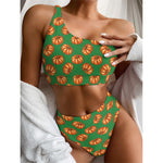 Green Pumpkin Pattern Print One Shoulder Bikini Top