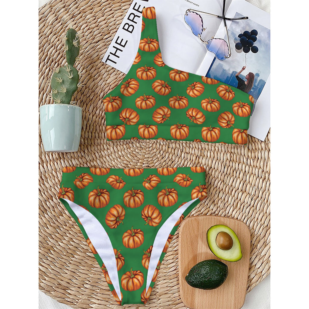 Green Pumpkin Pattern Print One Shoulder Bikini Top