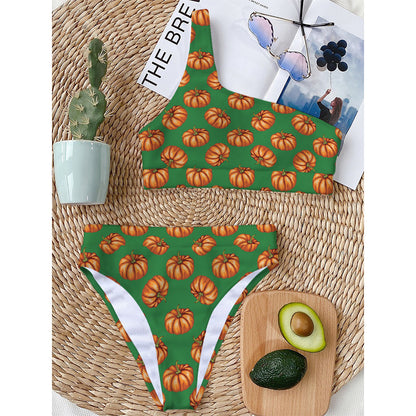 Green Pumpkin Pattern Print One Shoulder Bikini Top
