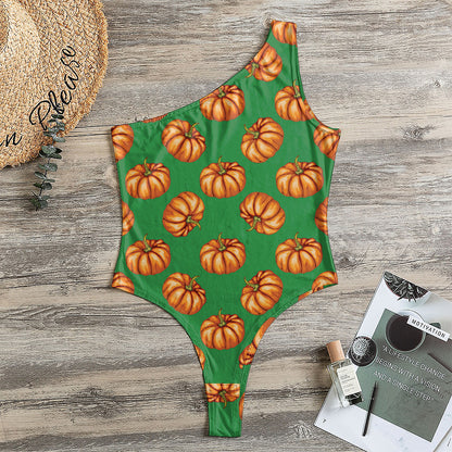 Green Pumpkin Pattern Print One Shoulder Bodysuit