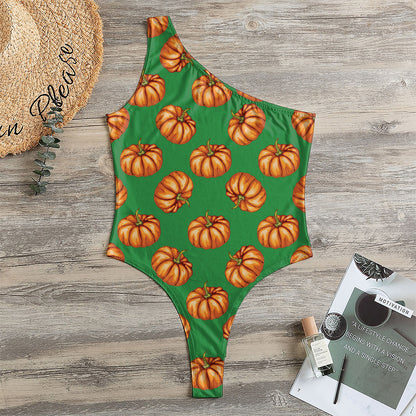 Green Pumpkin Pattern Print One Shoulder Bodysuit