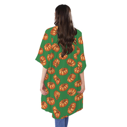 Green Pumpkin Pattern Print Open Front Beach Cover Up