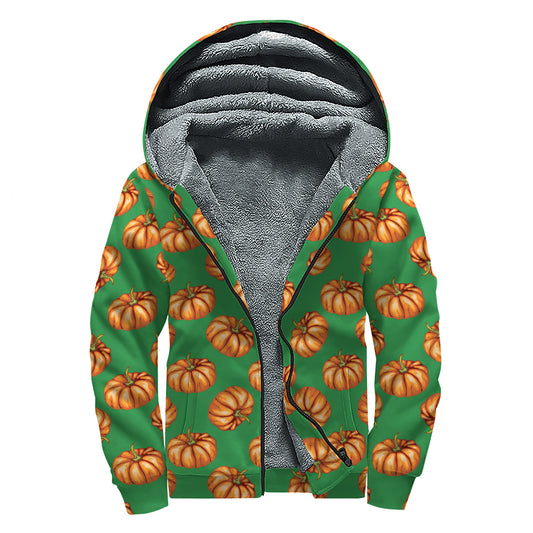 Green Pumpkin Pattern Print Sherpa Lined Zip Up Hoodie