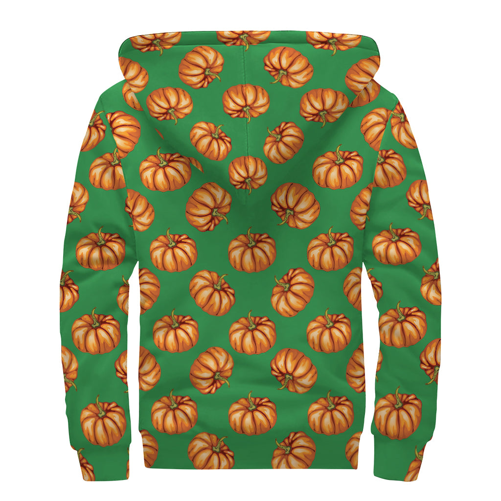 Green Pumpkin Pattern Print Sherpa Lined Zip Up Hoodie