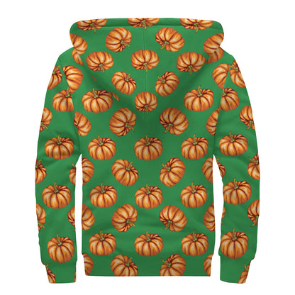 Green Pumpkin Pattern Print Sherpa Lined Zip Up Hoodie