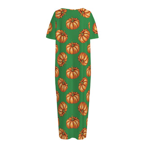 Green Pumpkin Pattern Print Short Sleeve Long Nightdress