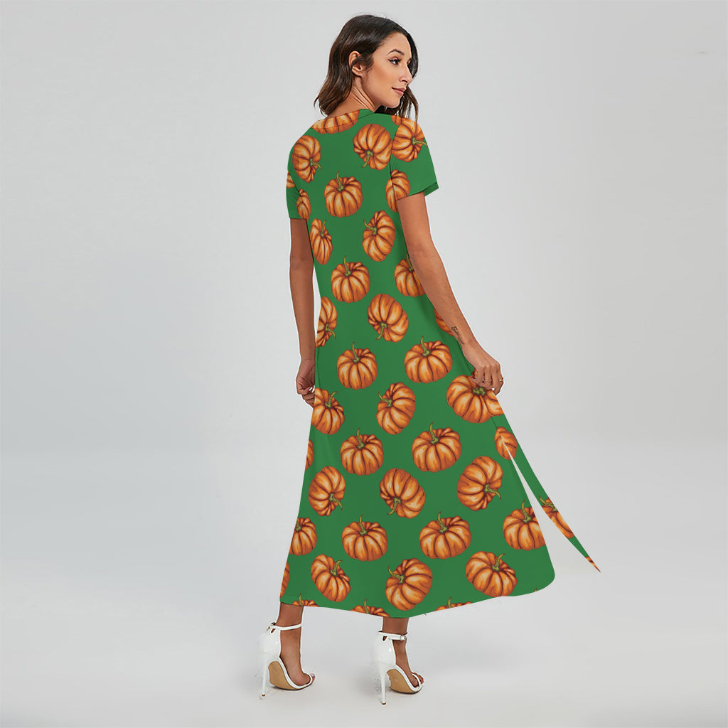 Green Pumpkin Pattern Print Short Sleeve Maxi Dress