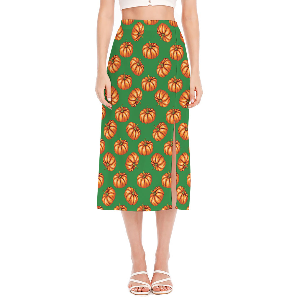 Green Pumpkin Pattern Print Side Slit Midi Skirt