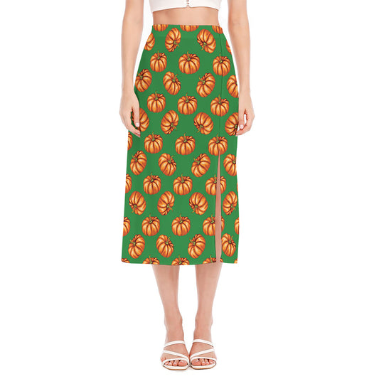 Green Pumpkin Pattern Print Side Slit Midi Skirt