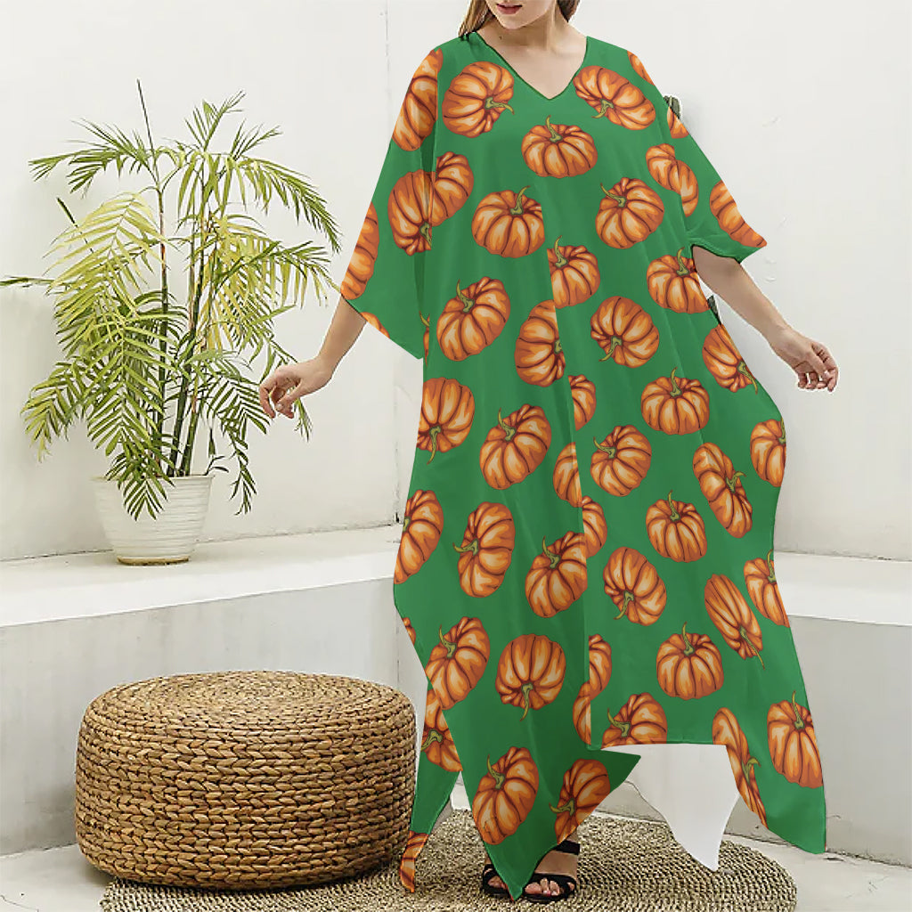 Green Pumpkin Pattern Print Silk V-Neck Kaftan Dress