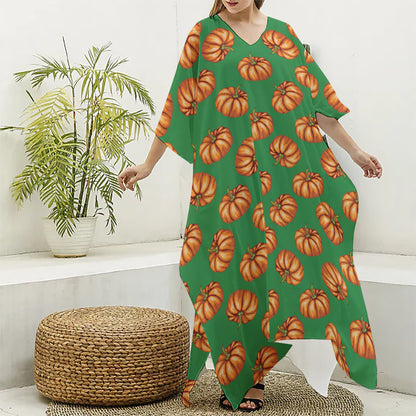Green Pumpkin Pattern Print Silk V-Neck Kaftan Dress