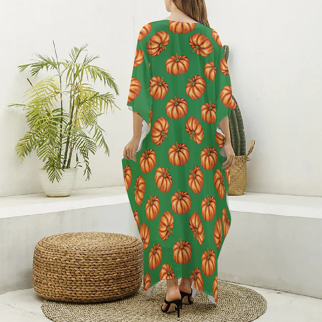 Green Pumpkin Pattern Print Silk V-Neck Kaftan Dress