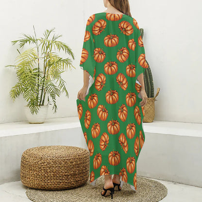 Green Pumpkin Pattern Print Silk V-Neck Kaftan Dress