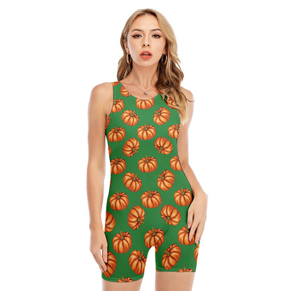 Green Pumpkin Pattern Print Sleeveless One Piece Swimsuit