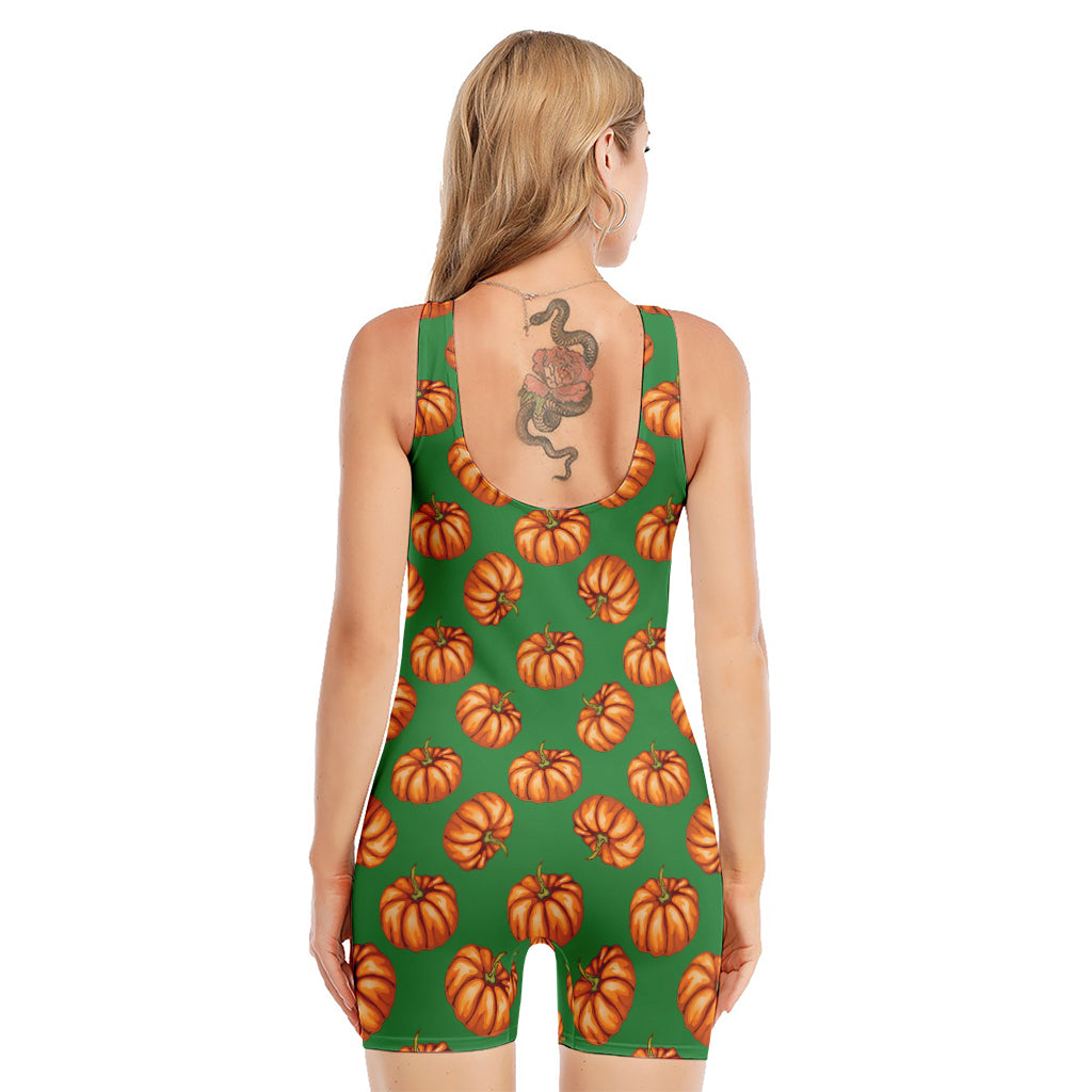 Green Pumpkin Pattern Print Sleeveless One Piece Swimsuit