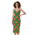 Green Pumpkin Pattern Print Slim Fit Midi Cami Dress