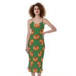 Green Pumpkin Pattern Print Slim Fit Midi Cami Dress
