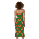 Green Pumpkin Pattern Print Slim Fit Midi Cami Dress