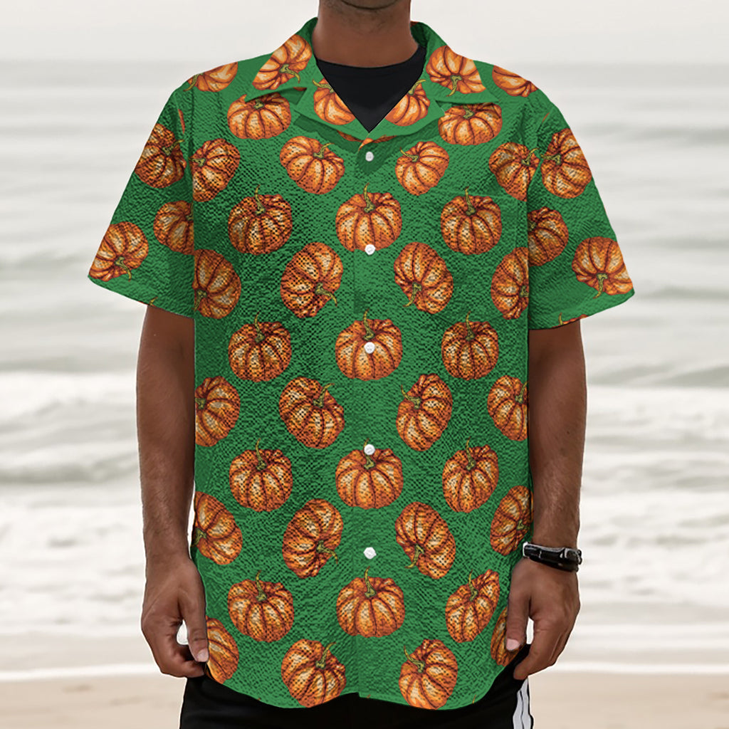 Green Pumpkin Pattern Print Textured Short Sleeve Shirt