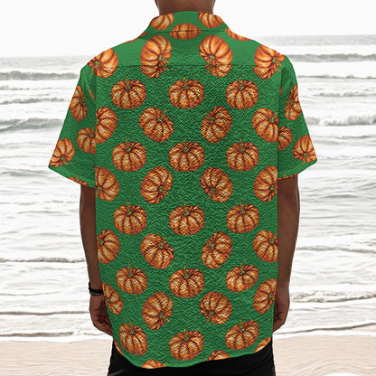 Green Pumpkin Pattern Print Textured Short Sleeve Shirt