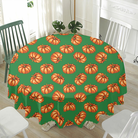 Green Pumpkin Pattern Print Waterproof Round Tablecloth
