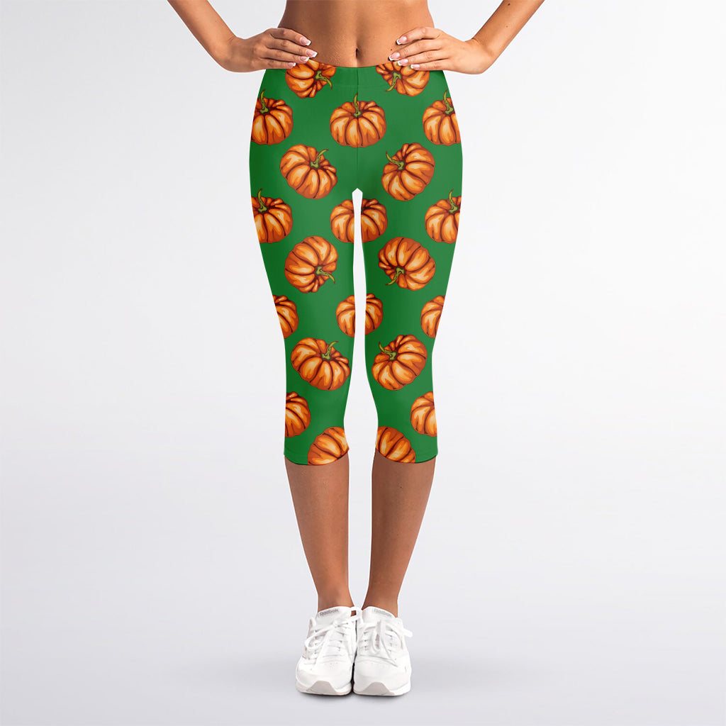 Green Pumpkin Pattern Print Women's Capri Leggings