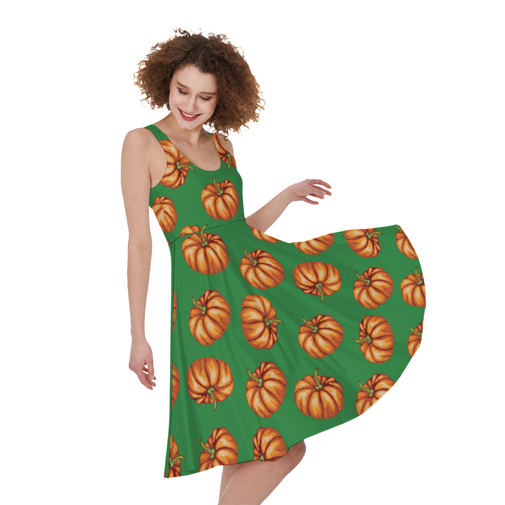 Green Pumpkin Pattern Print Women's Sleeveless Dress
