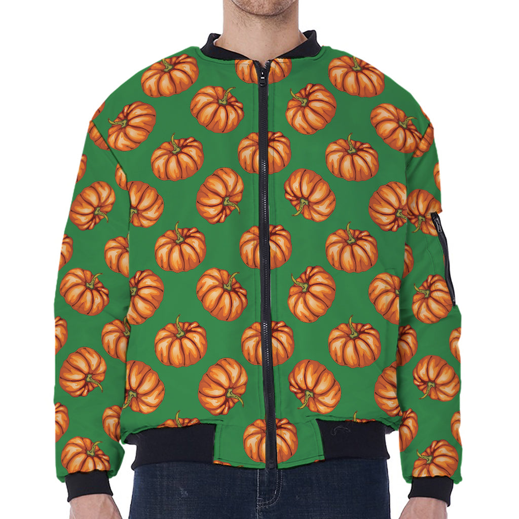 Green Pumpkin Pattern Print Zip Sleeve Bomber Jacket