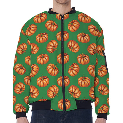 Green Pumpkin Pattern Print Zip Sleeve Bomber Jacket