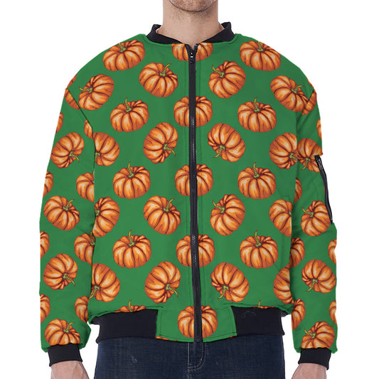 Green Pumpkin Pattern Print Zip Sleeve Bomber Jacket
