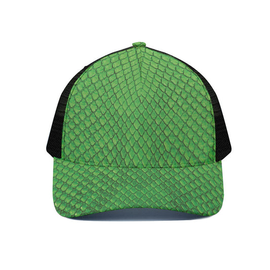 Green Python Snakeskin Print Black Mesh Trucker Cap