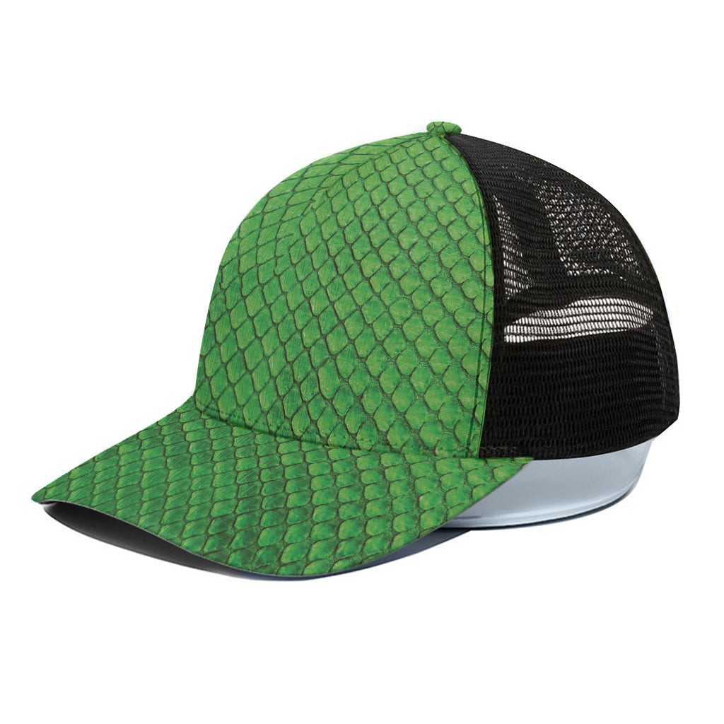 Green Python Snakeskin Print Black Mesh Trucker Cap