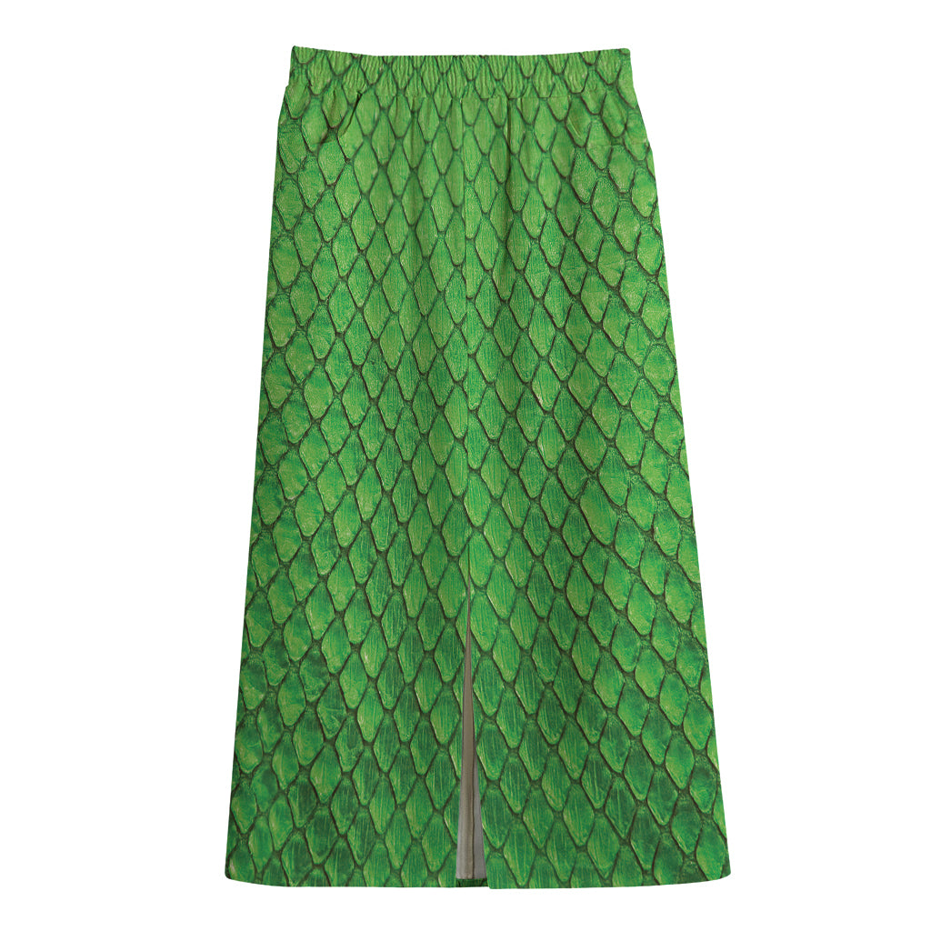 Green Python Snakeskin Print Cotton Front Slit Maxi Skirt