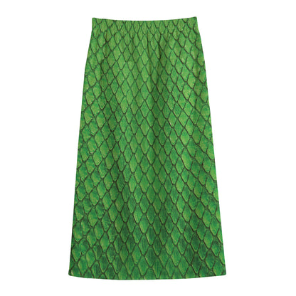 Green Python Snakeskin Print Cotton Front Slit Maxi Skirt