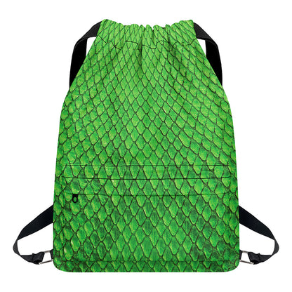 Green Python Snakeskin Print Drawstring Backpack