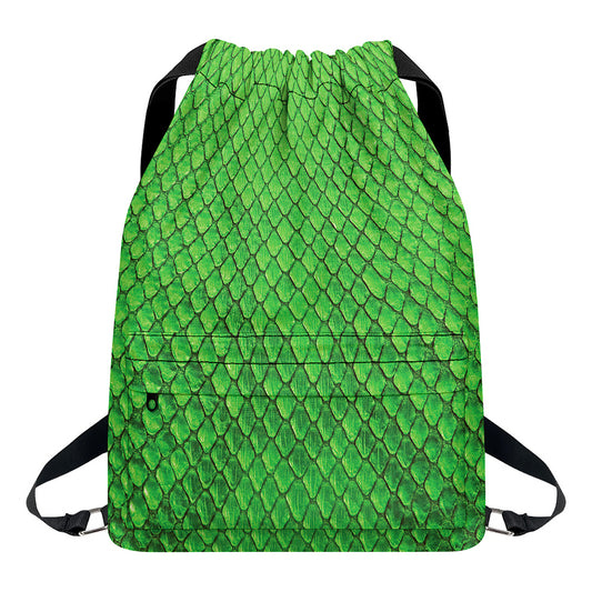 Green Python Snakeskin Print Drawstring Backpack