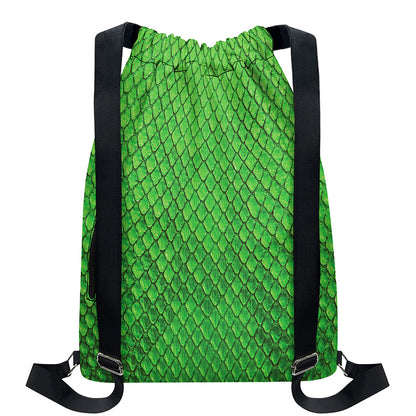 Green Python Snakeskin Print Drawstring Backpack