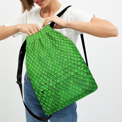 Green Python Snakeskin Print Drawstring Backpack