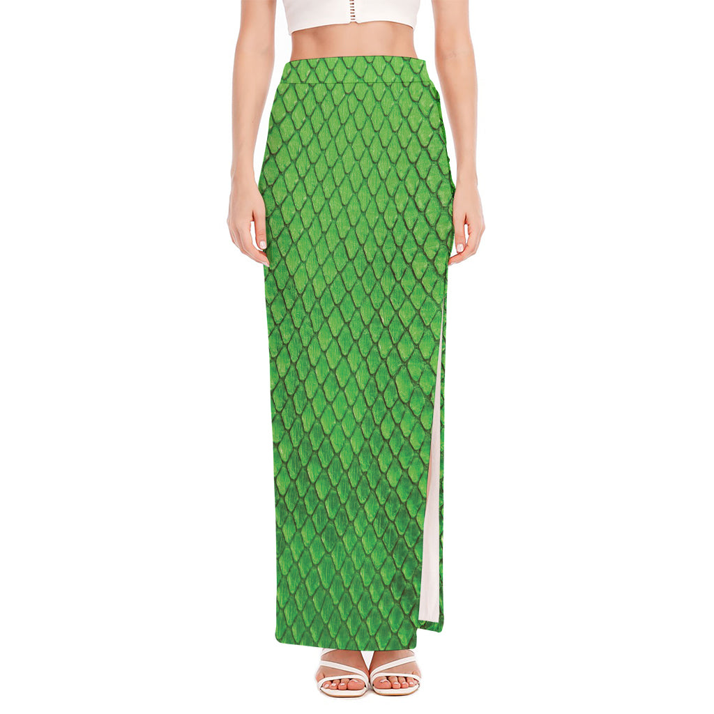 Green Python Snakeskin Print High Slit Maxi Skirt