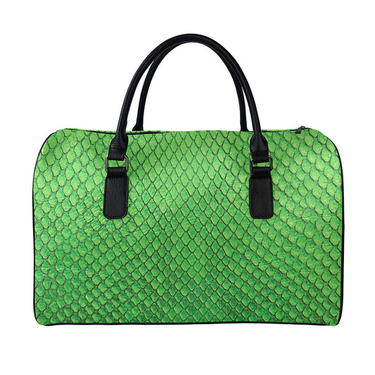 Green Python Snakeskin Print Leather Duffle Bag