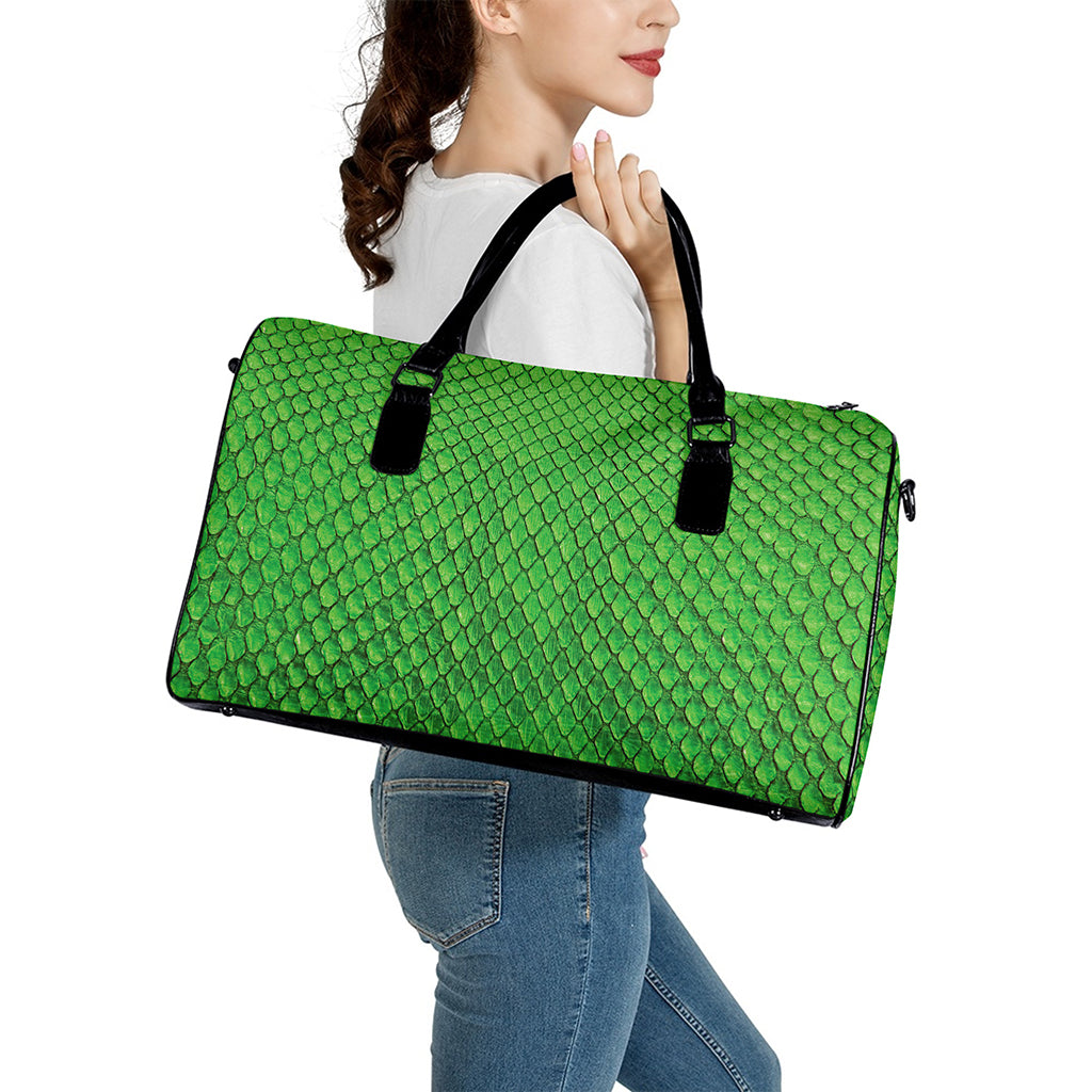 Green Python Snakeskin Print Leather Duffle Bag