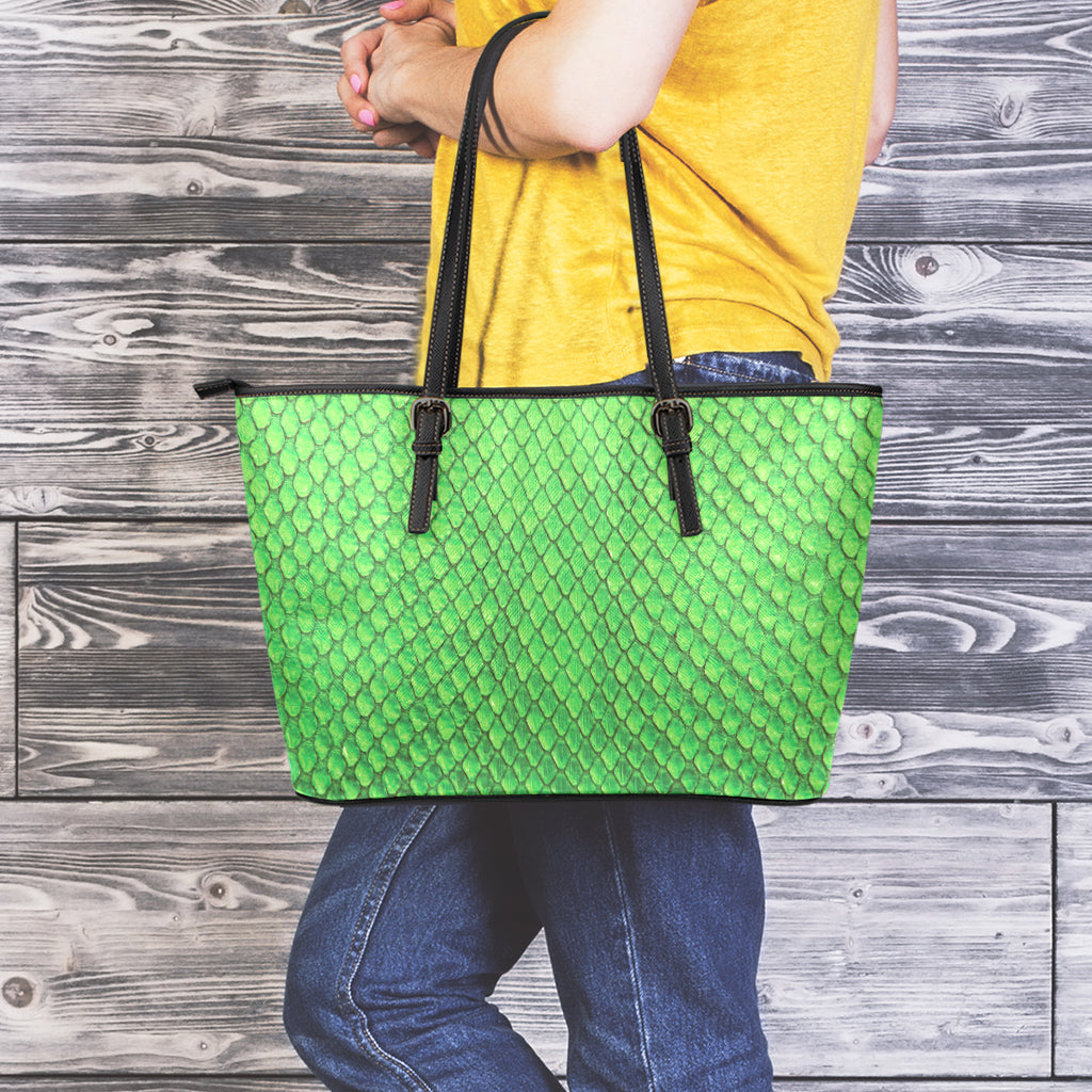 Green Python Snakeskin Print Leather Tote Bag