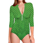 Green Python Snakeskin Print Long Sleeve Swimsuit