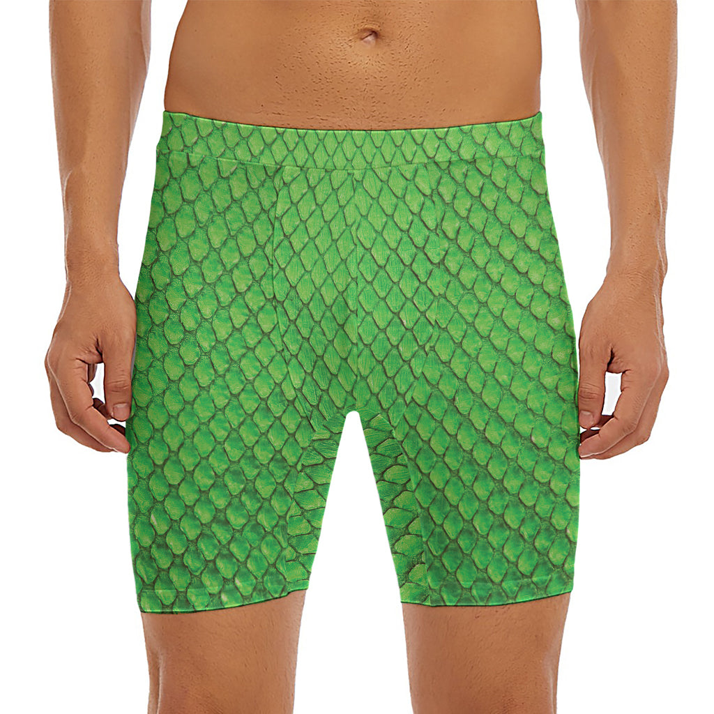 Green Python Snakeskin Print Men's Long Boxer Briefs