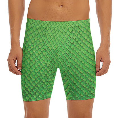 Green Python Snakeskin Print Men's Long Boxer Briefs