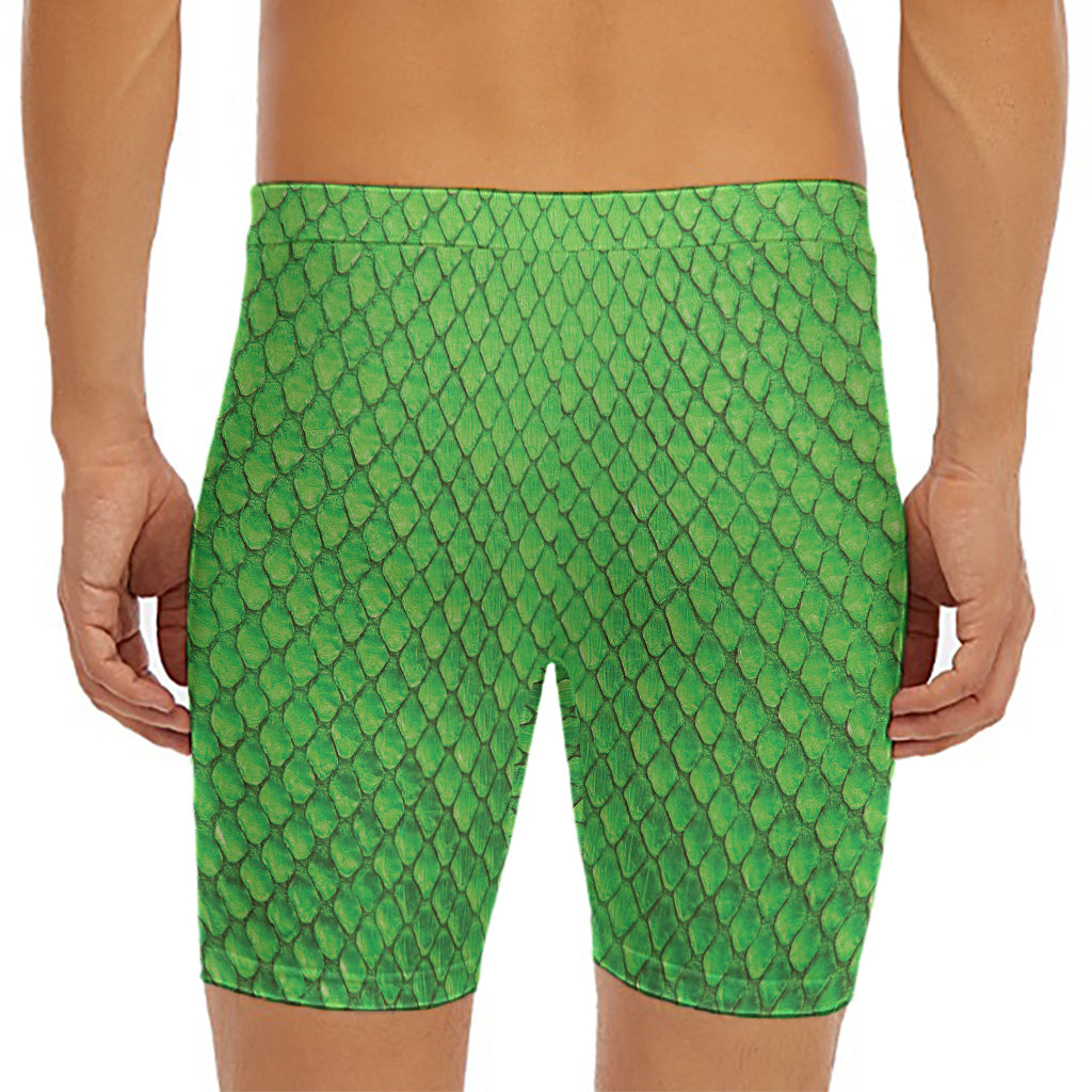 Green Python Snakeskin Print Men's Long Boxer Briefs
