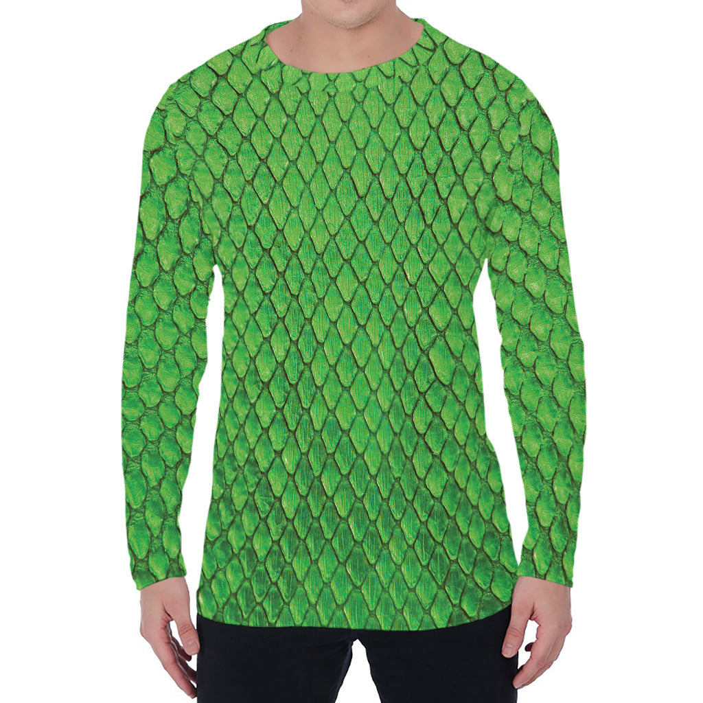 Green Python Snakeskin Print Men's Long Sleeve T-Shirt